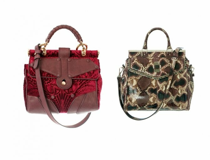 Модная сумка, сочетающая красную узорную ткань и кожаные элементы светло-сливового оттенка, с рамочным верхом, замком-клапаном и отстёгивающимся ремешком, а так же сумка со змеиным принтом, украшенная замшевой бахромой из коллекции осень-зима 2013-2013 от Roberto Cavalli