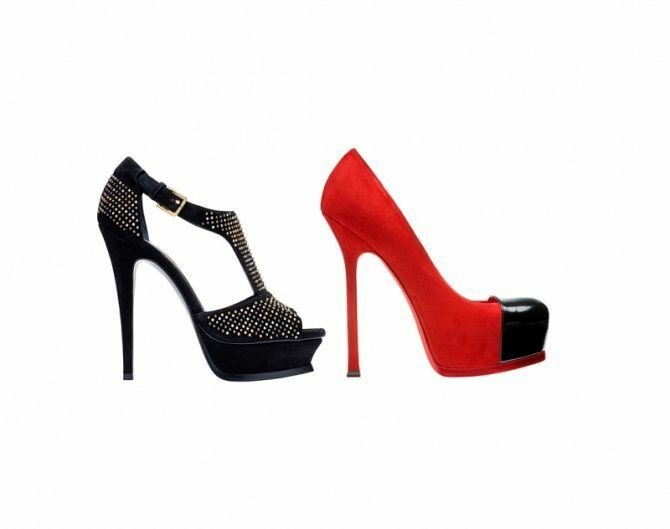 Модные туфли на высоком каблуке-шпильке и платформе, выполненные в чёрной гамме и красном цвете, из коллекции весна-лето 2013 от Yves Saint Laurent.